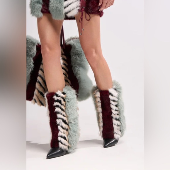 Azalea Wang Shoes - Azalea Wang Briash Blue Multi Fur Hidden Wedge Boots 7
